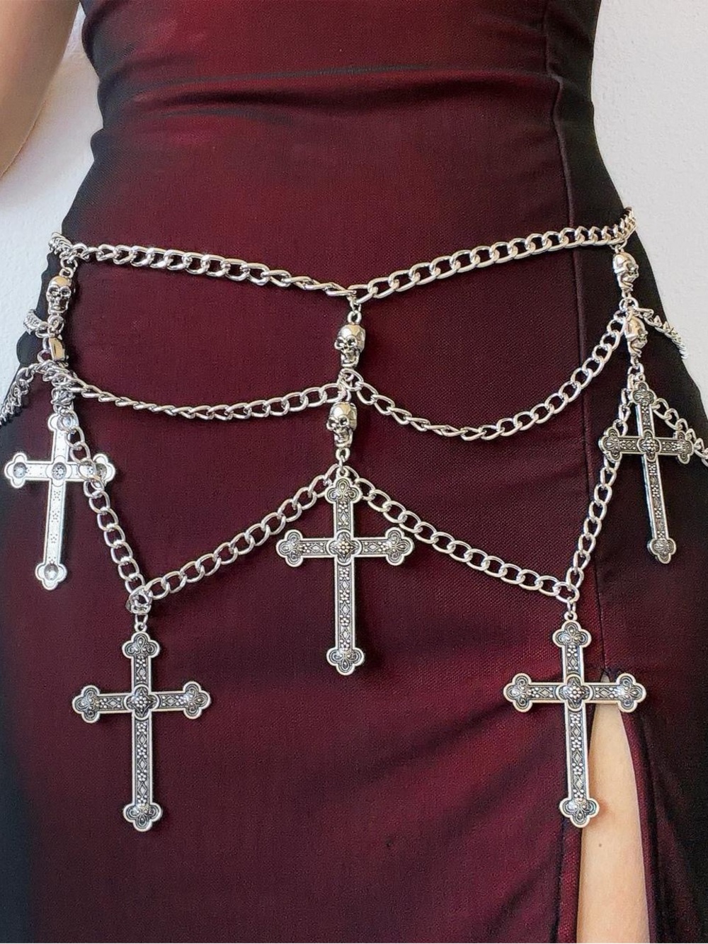 Silver and black Emo Cross Skull Goth Style Waist Multi Layer Body Chain Belt